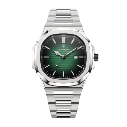 Silver watch with a green face on a white background