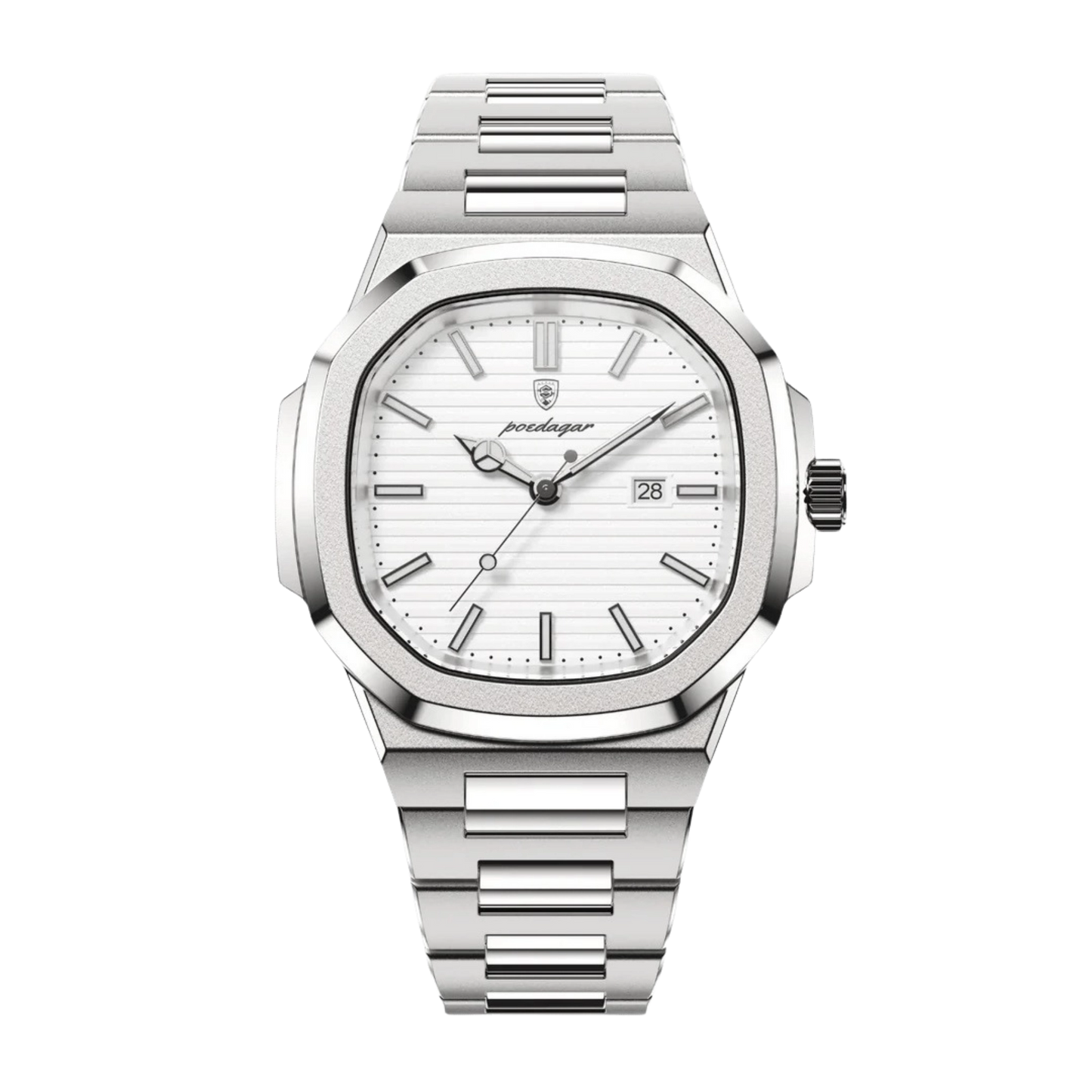Silver watch with a white face on a white background