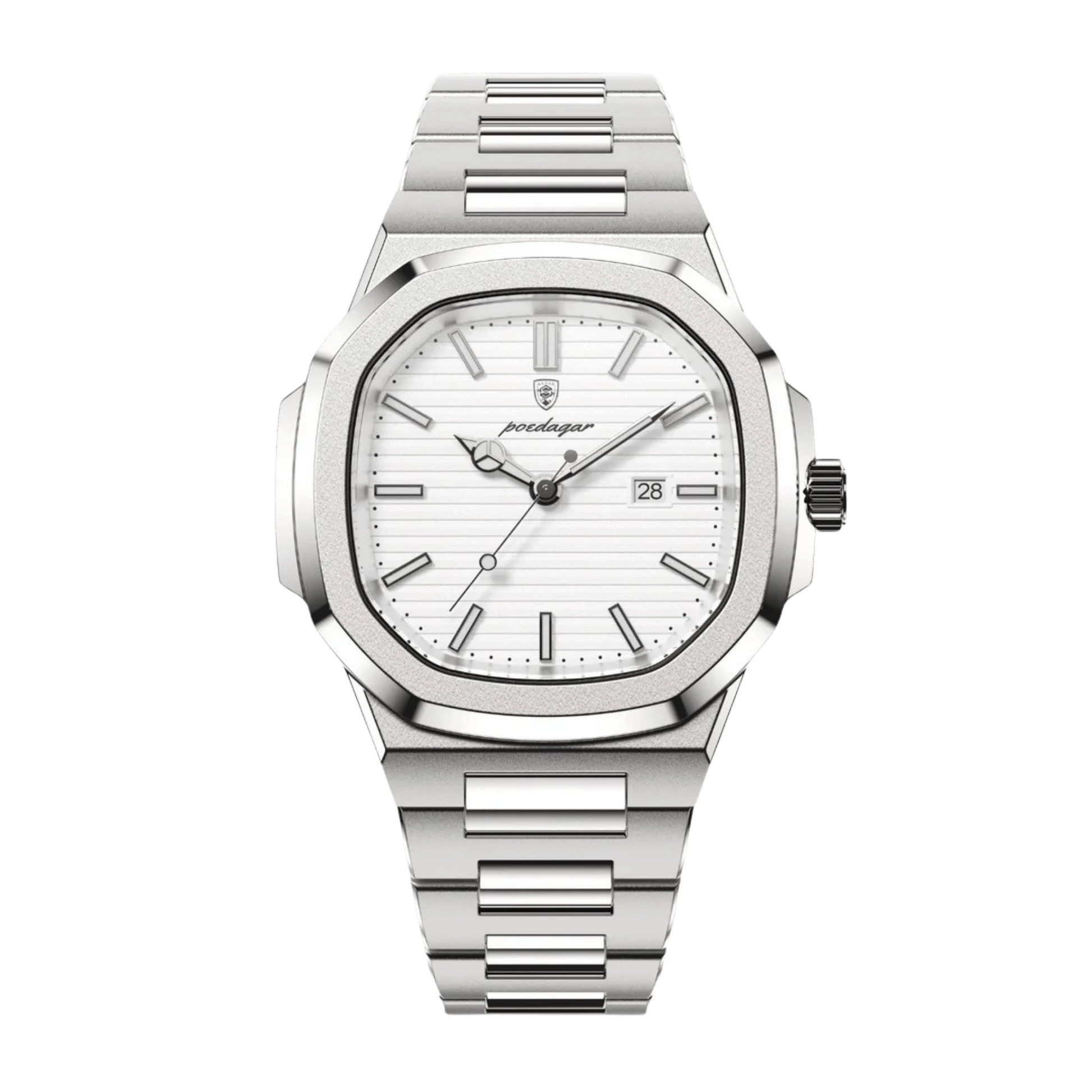Silver watch with a white face on a white background