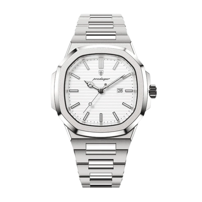 Silver watch with a white face on a white background