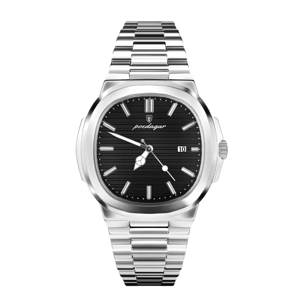 Poedagar Marinor men’s watch in Silver and Black, brushed stainless steel bracelet with black dial, date window and luminous hands