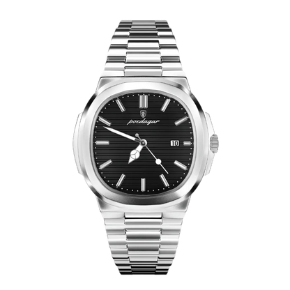 Poedagar Marinor men’s watch in Silver and Black, brushed stainless steel bracelet with black dial, date window and luminous hands