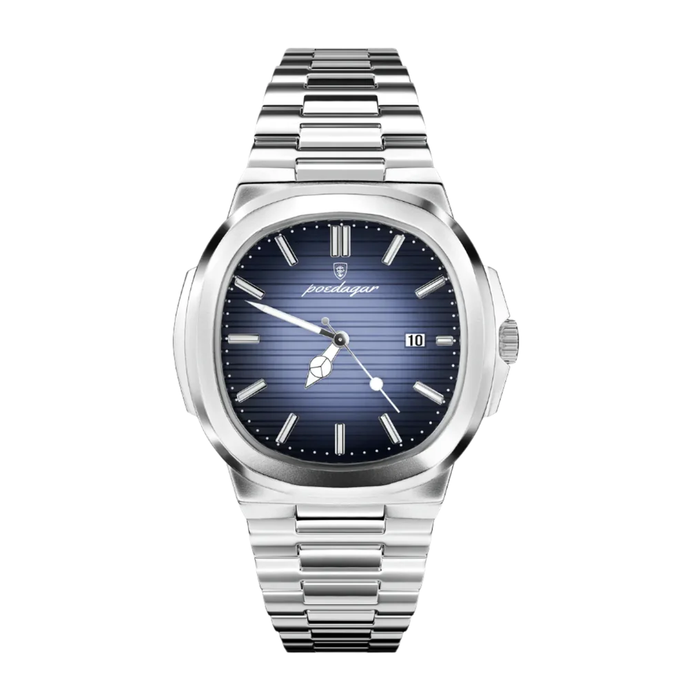 Poedagar Marinor men’s watch in Silver and Blue, stainless steel bracelet with blue sunburst dial and date display