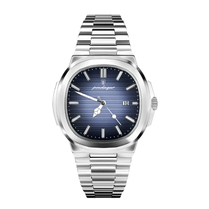 Poedagar Marinor men’s watch in Silver and Blue, stainless steel bracelet with blue sunburst dial and date display
