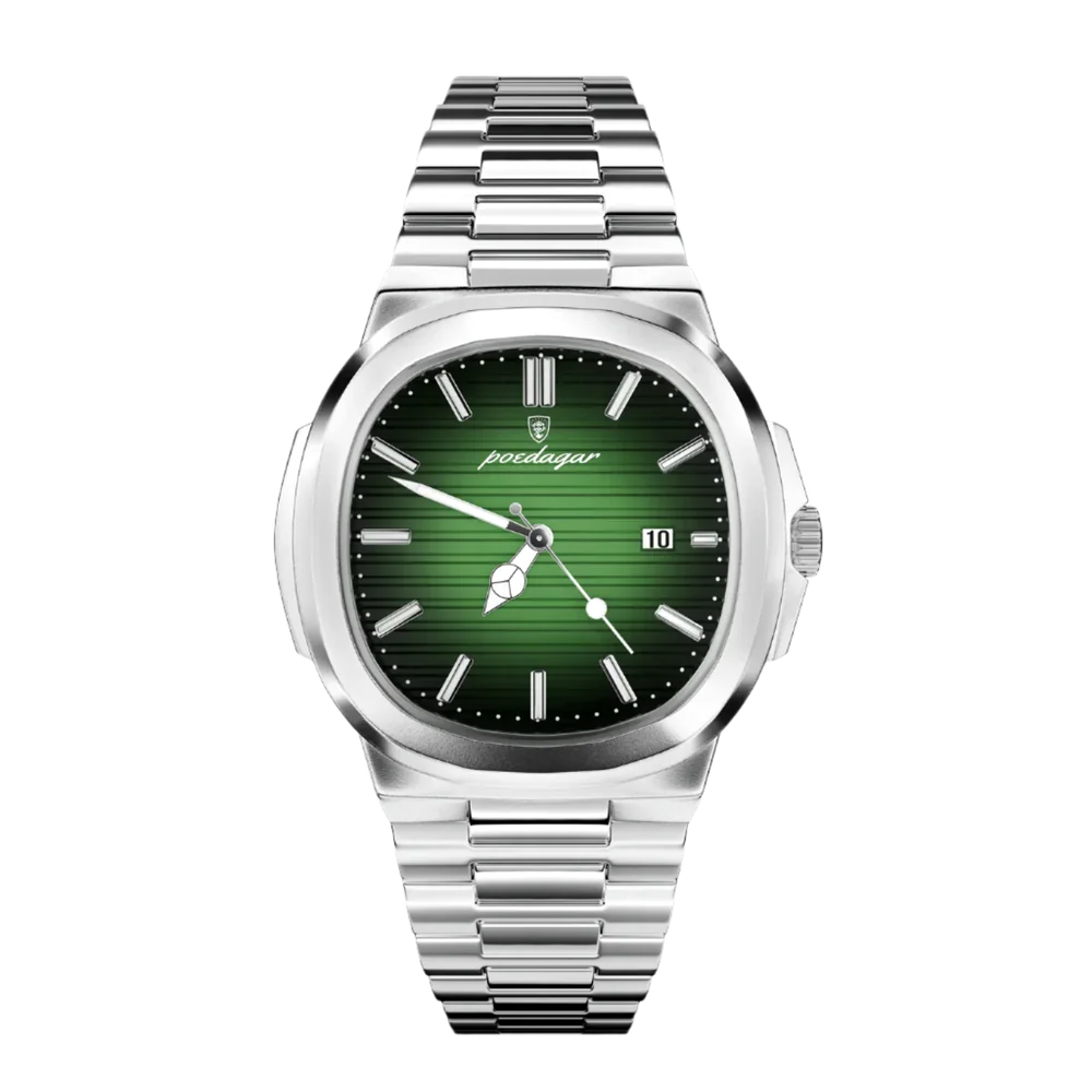 Poedagar Marinor men’s watch in Silver and Green, brushed stainless steel case with green gradient dial and luminous hands