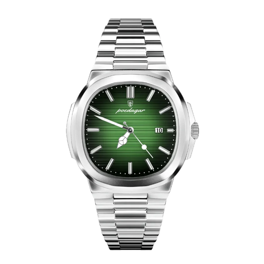 Poedagar Marinor men’s watch in Silver and Green, brushed stainless steel case with green gradient dial and luminous hands
