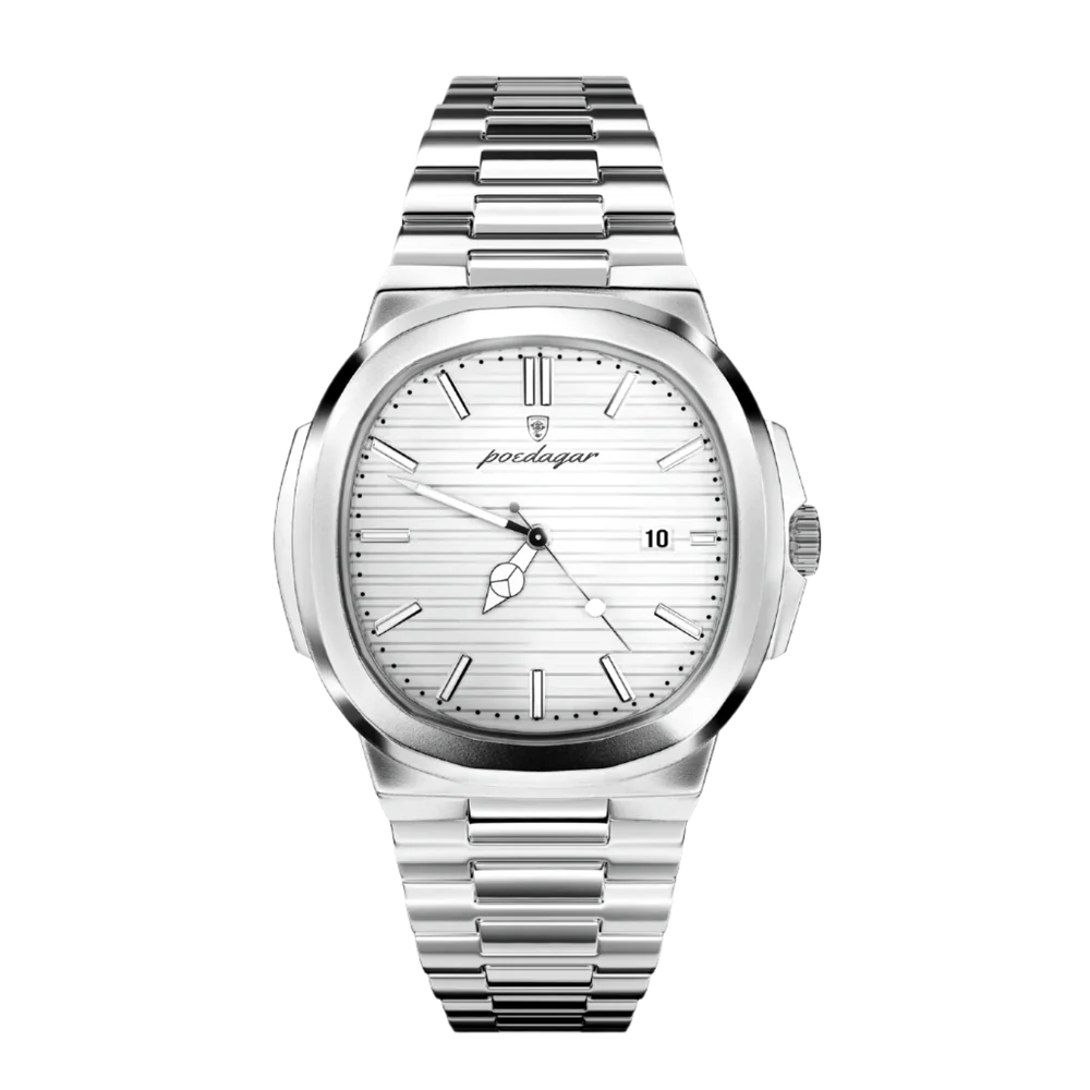 Poedagar Marinor men’s watch in Silver and White, polished stainless steel case with minimalist white dial and luminous markers