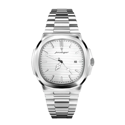 Poedagar Marinor men’s watch in Silver and White, polished stainless steel case with minimalist white dial and luminous markers