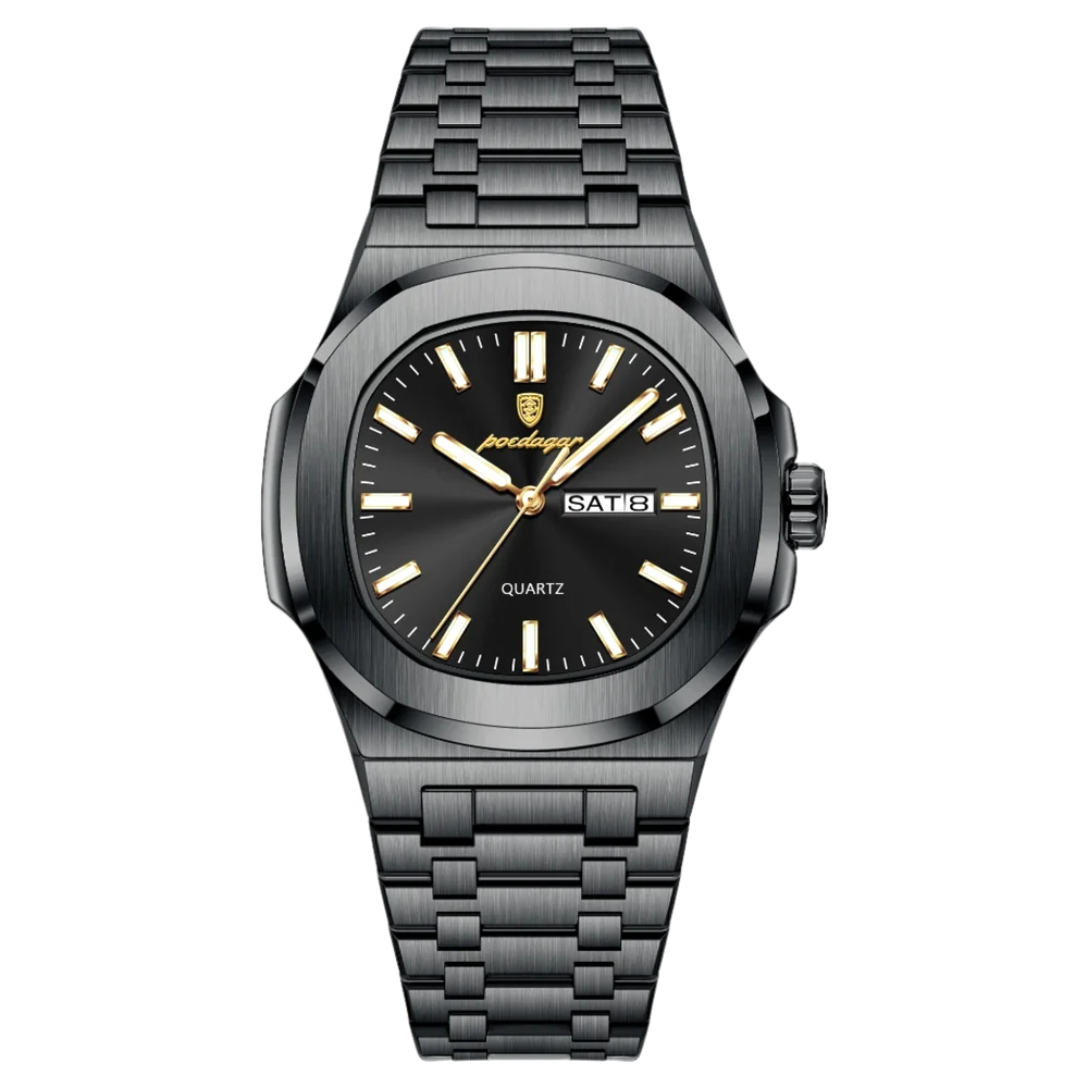 Poedagar Meridian men’s watch Black Edition, brushed black stainless steel case with gold accents, minimalist dial and day-date display
