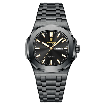 Poedagar Meridian men’s watch Black Edition, brushed black stainless steel case with gold accents, minimalist dial and day-date display
