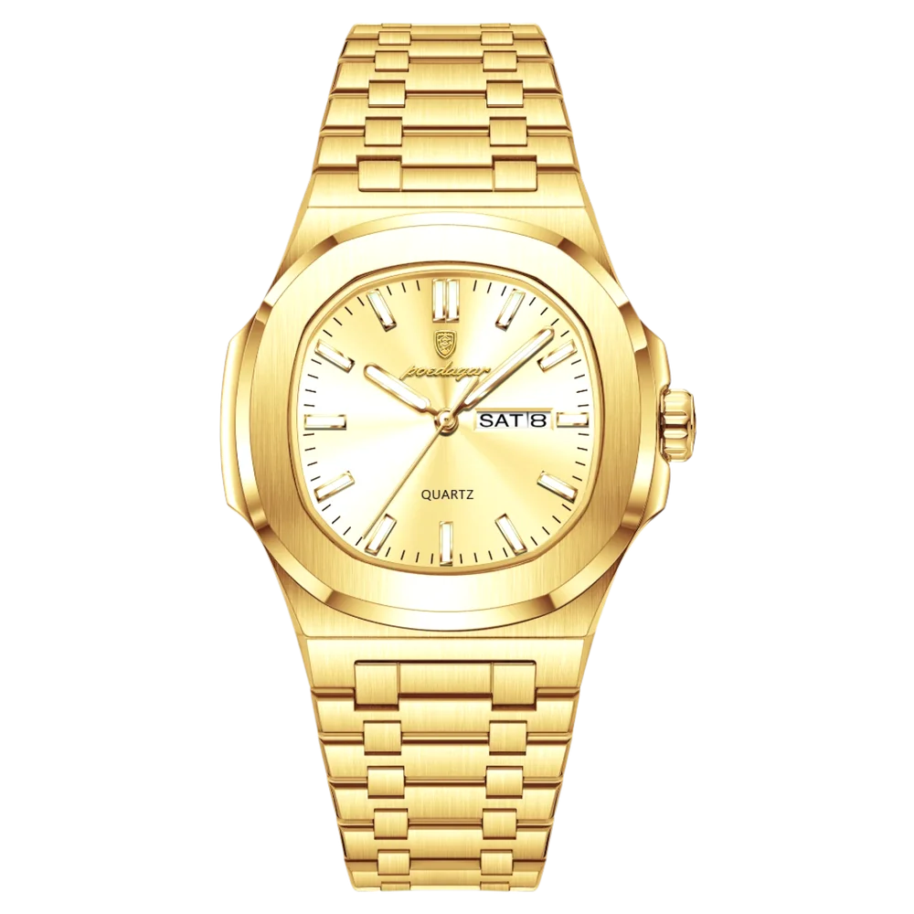 Poedagar Meridian men’s watch in full Gold, brushed steel bracelet and luminous hands