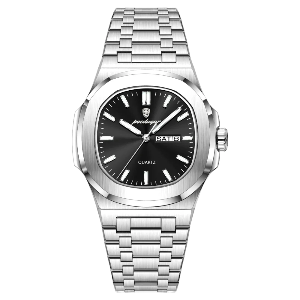 Poedagar Meridian men’s watch in Silver and Black, minimalist dial with day-date display
