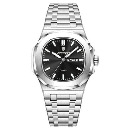 Poedagar Meridian men’s watch in Silver and Black, minimalist dial with day-date display