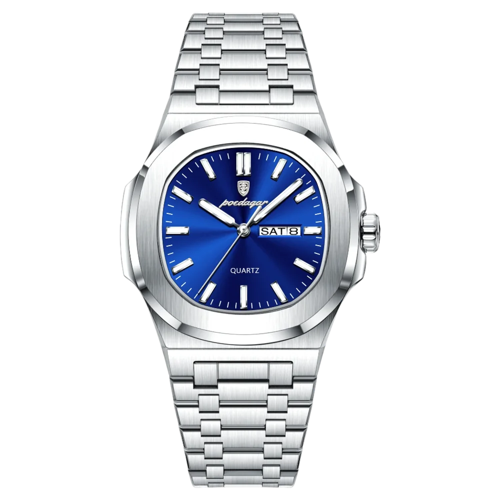 Poedagar Meridian men’s watch in Silver and Blue, sunburst dial and polished bracelet