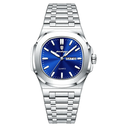 Poedagar Meridian men’s watch in Silver and Blue, sunburst dial and polished bracelet