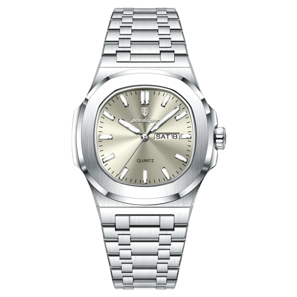 Poedagar Meridian men’s watch in Silver and Champagne, stainless steel bracelet, front view