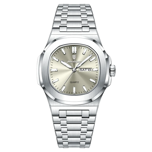 Poedagar Meridian men’s watch in Silver and Champagne, stainless steel bracelet, front view