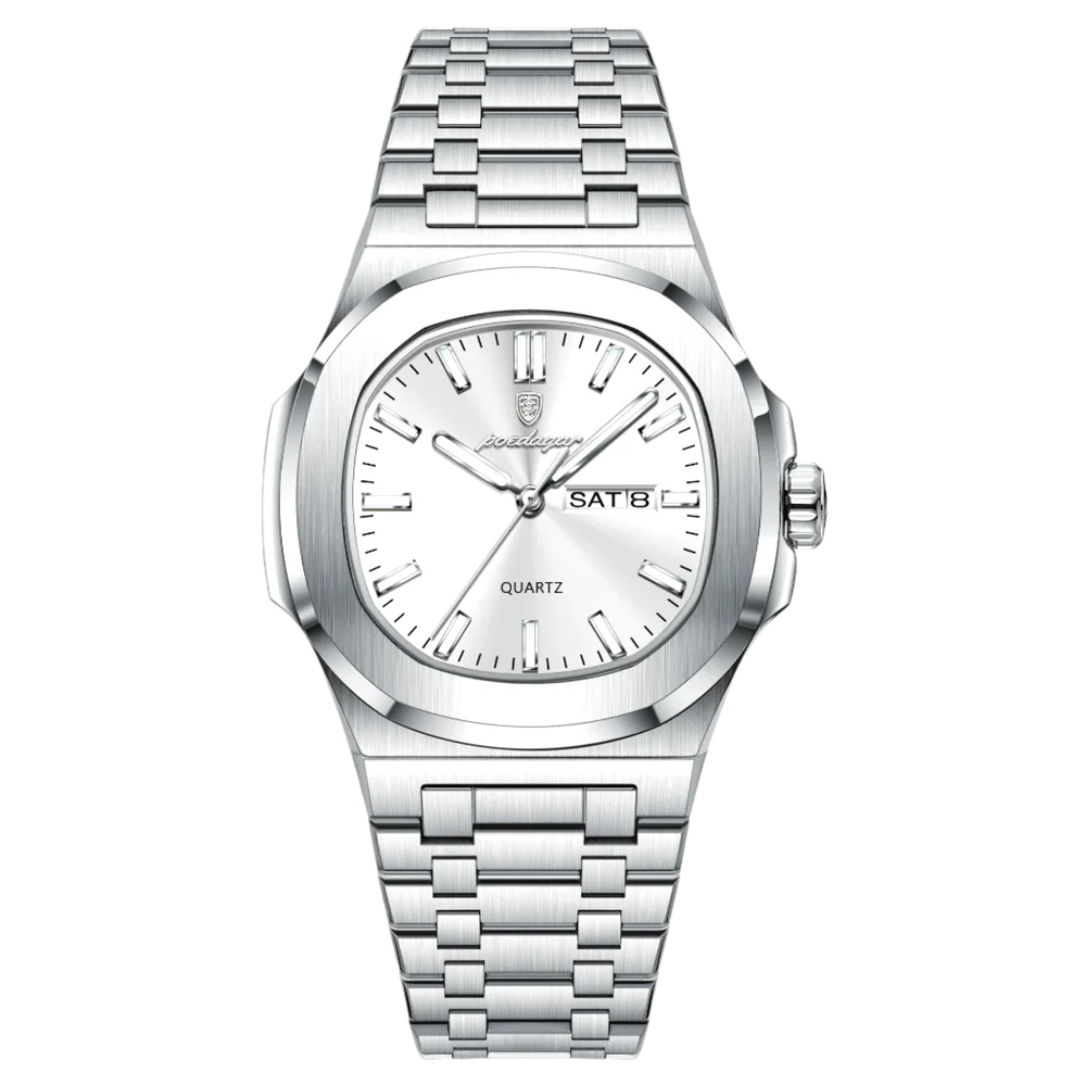 Poedagar Meridian men’s watch in Silver and White, brushed stainless steel case, front view