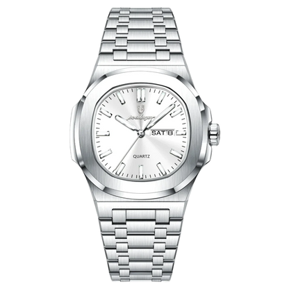 Poedagar Meridian men’s watch in Silver and White, brushed stainless steel case, front view