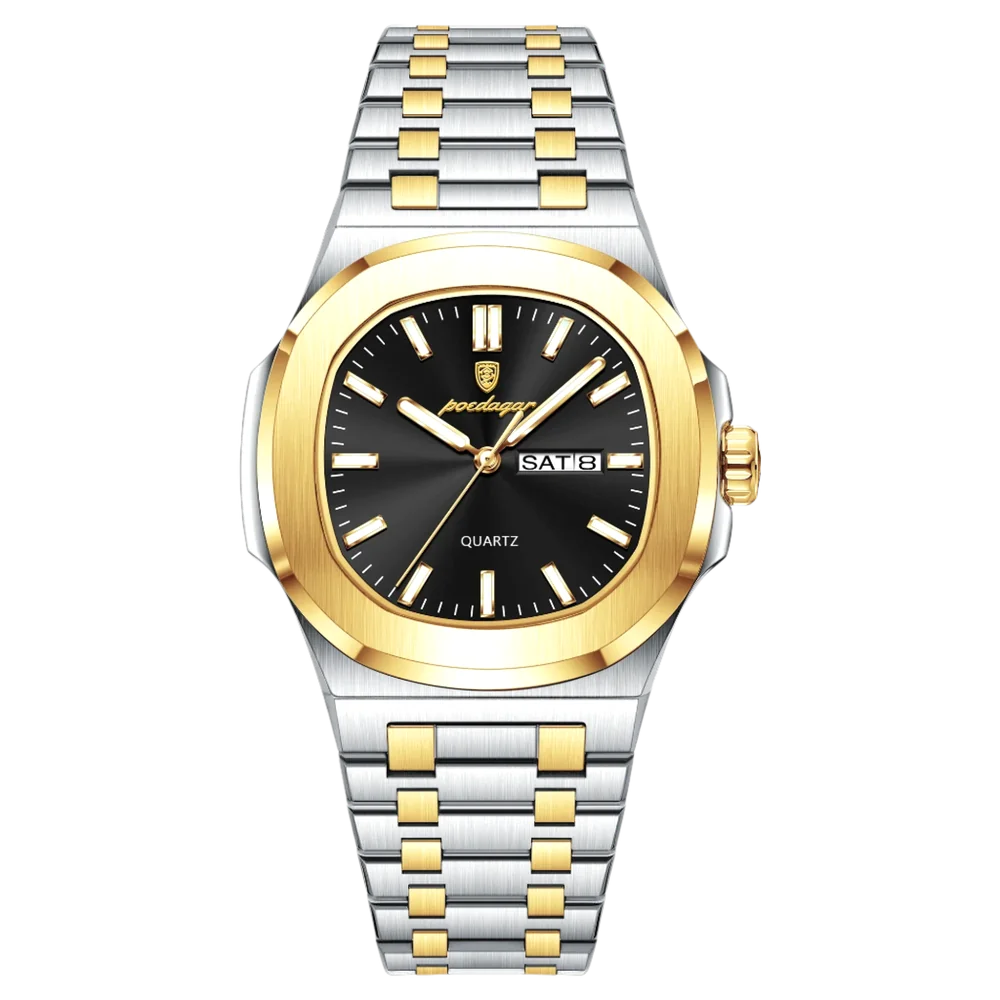 Poedagar Meridian men’s watch in Two-Tone Gold and Silver with Black dial, luxury stainless steel bracelet