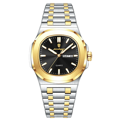 Poedagar Meridian men’s watch in Two-Tone Gold and Silver with Black dial, luxury stainless steel bracelet