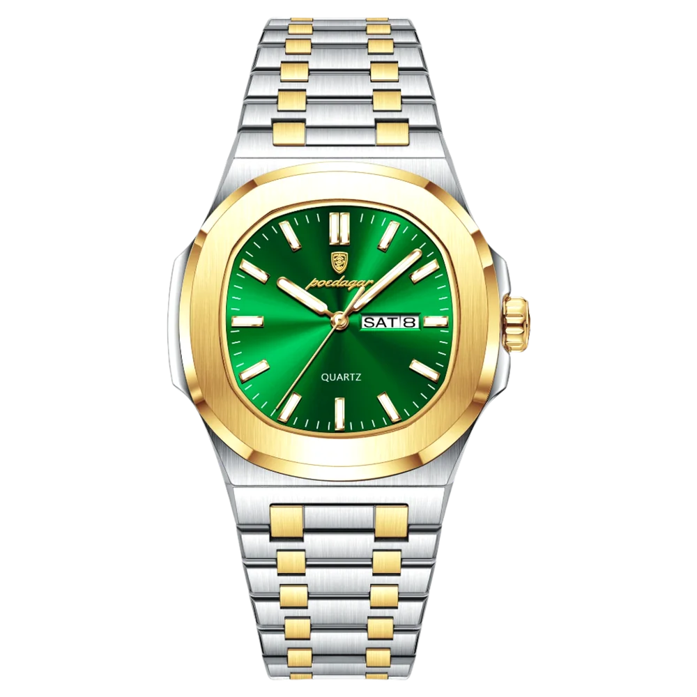 Poedagar Meridian men’s watch in Two-Tone Gold and Silver with Green dial, elegant bracelet