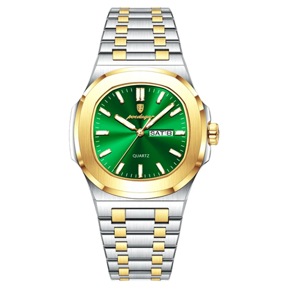 Poedagar Meridian men’s watch in Two-Tone Gold and Silver with Green dial, elegant bracelet