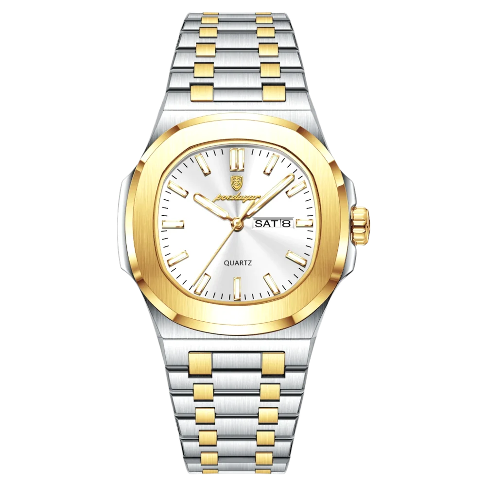 Poedagar Meridian men’s watch in Two-Tone Gold and Silver with White dial, classic brushed bracelet design