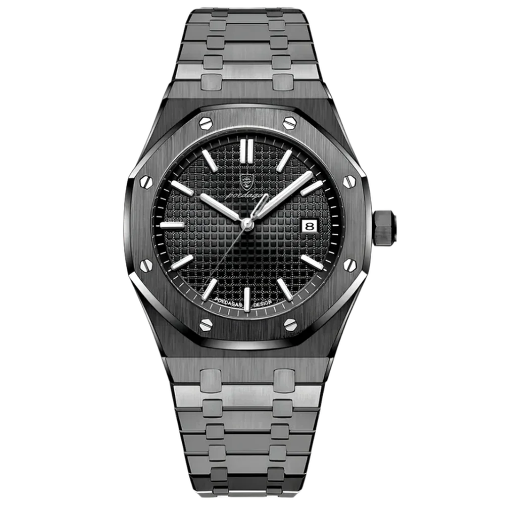 Poedagar Regent men’s watch Black Edition, full black stainless steel finish with textured dial and luminous hands