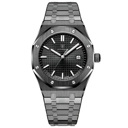 Poedagar Regent men’s watch Black Edition, full black stainless steel finish with textured dial and luminous hands
