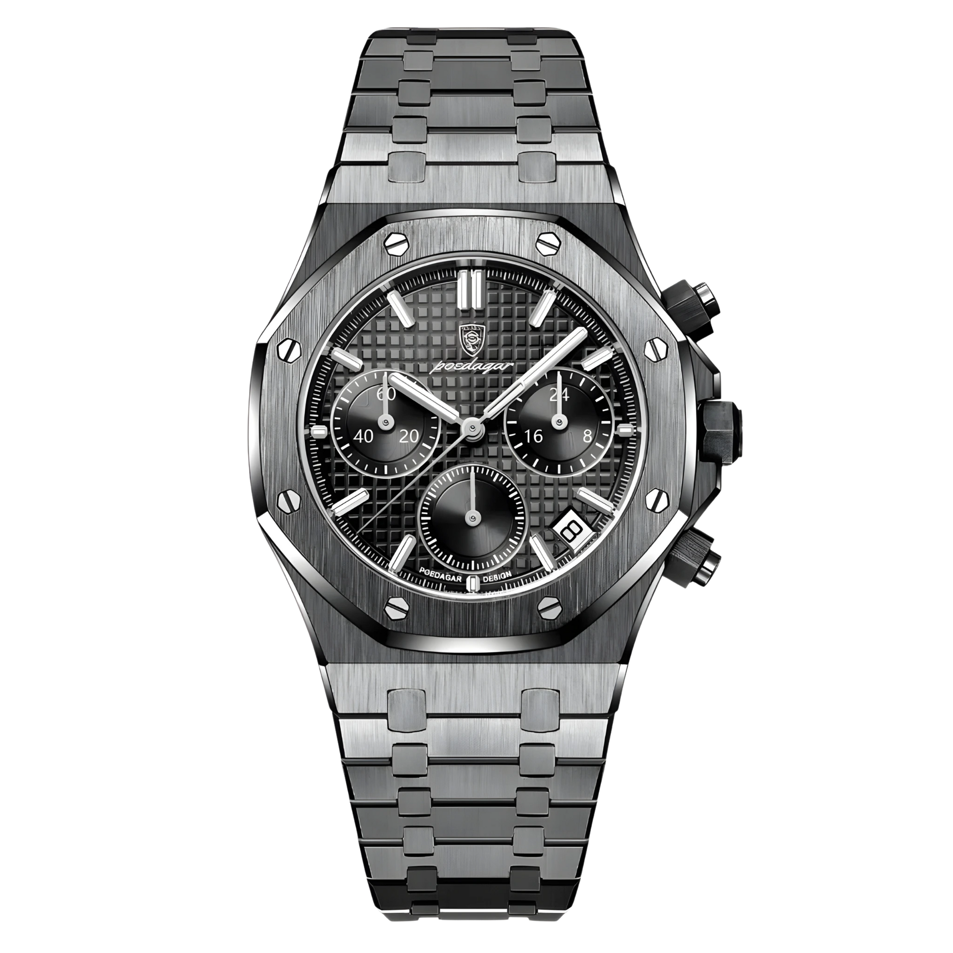 Silver watch with detailed face on a white background