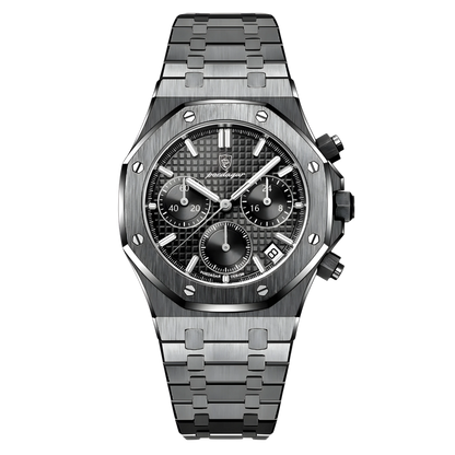 Silver watch with detailed face on a white background