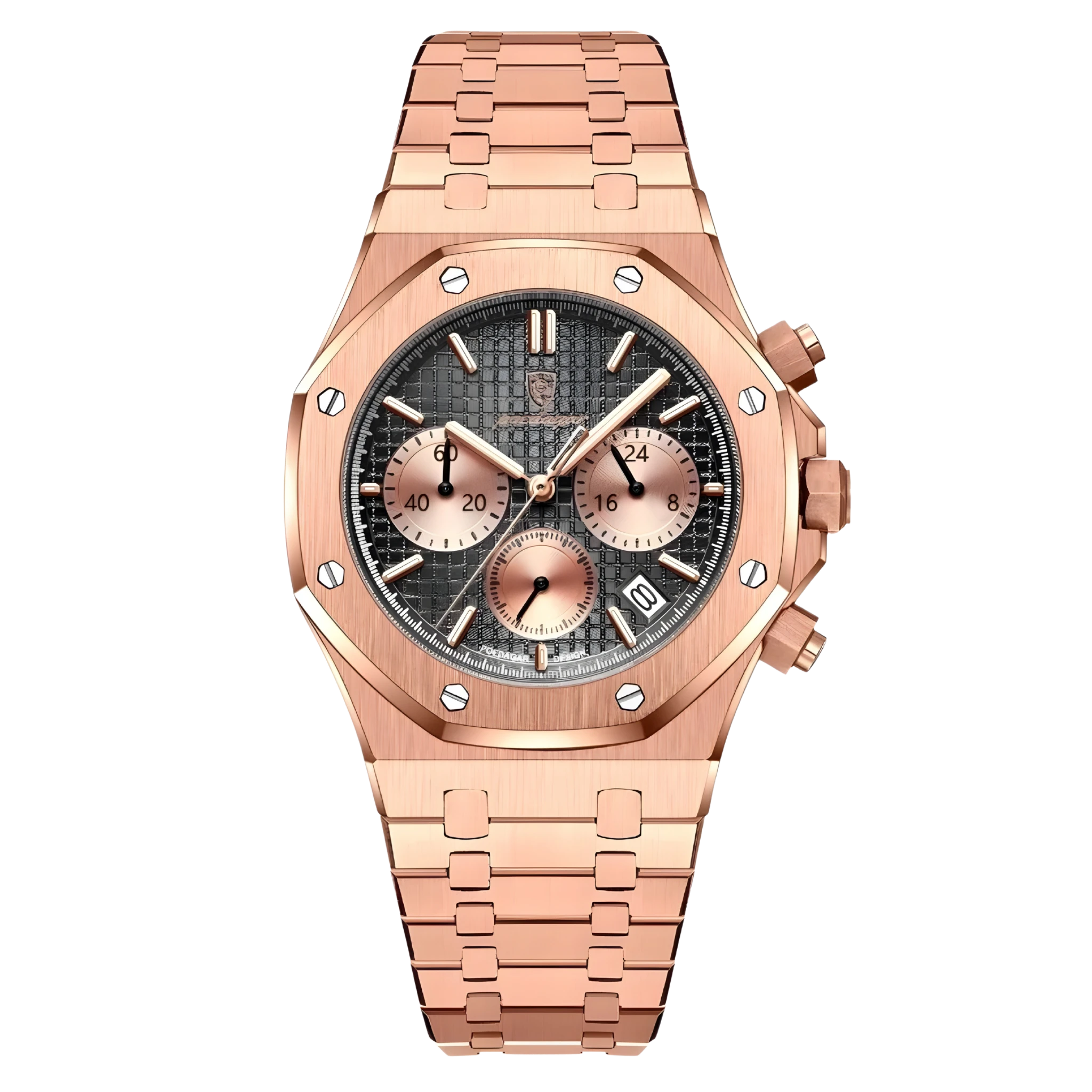 Rose gold watch with a detailed face on a white background
