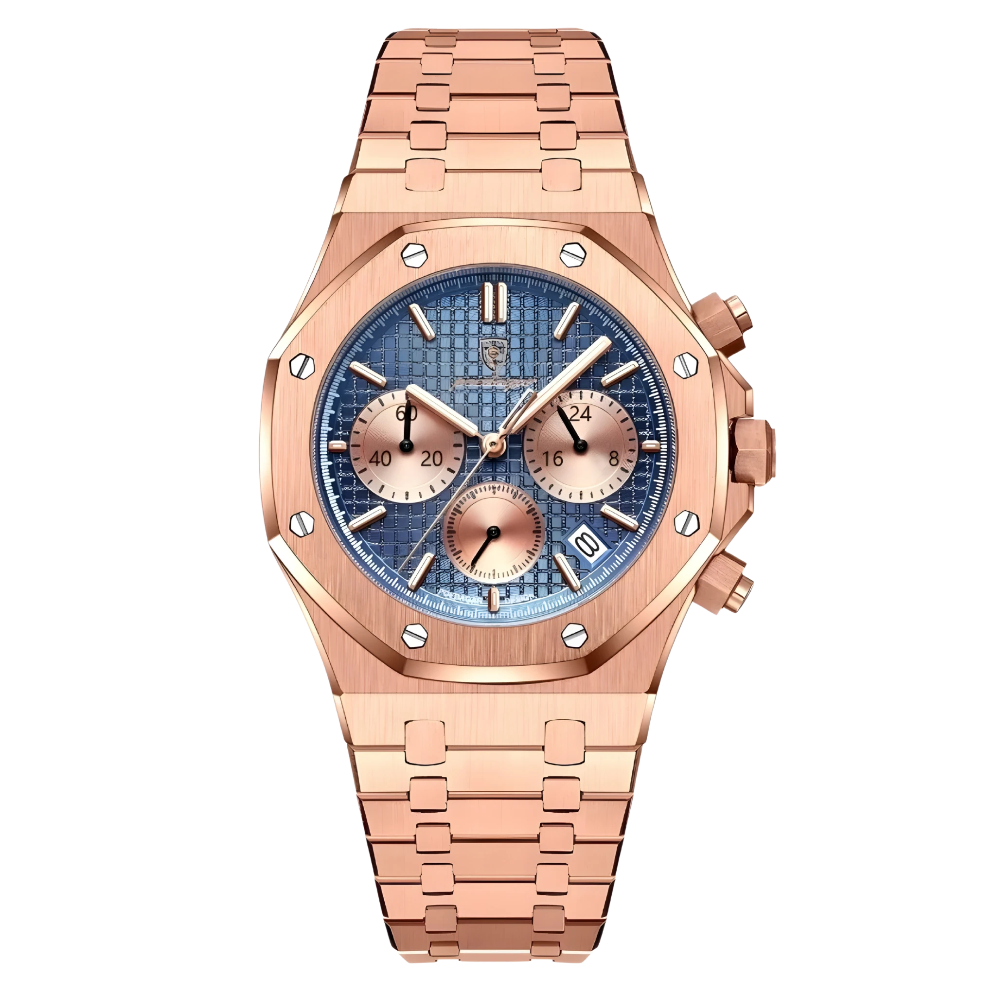 Rose gold watch with a blue face on a white background