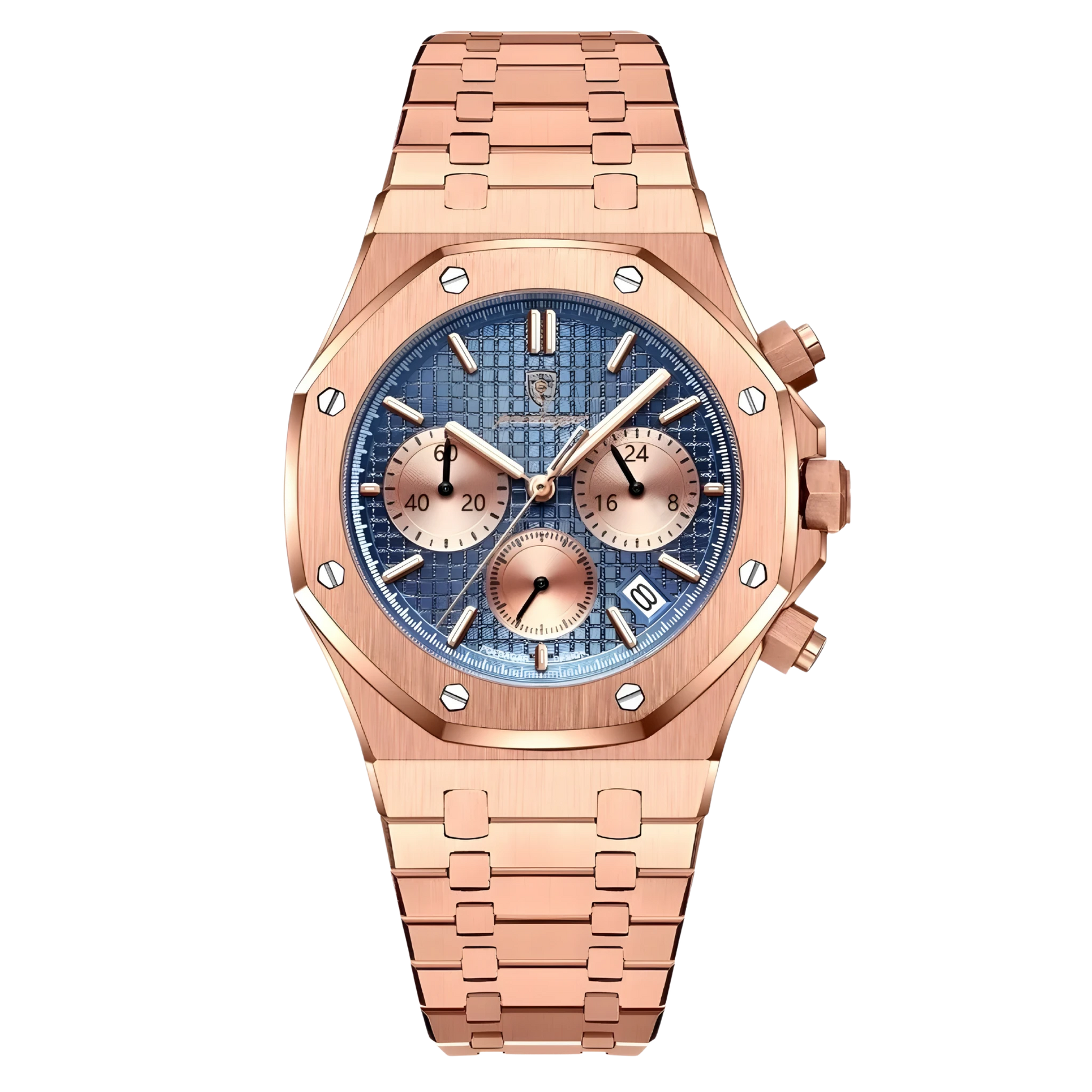 Rose gold watch with a blue face on a white background