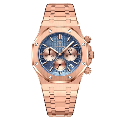 Rose gold watch with a blue face on a white background