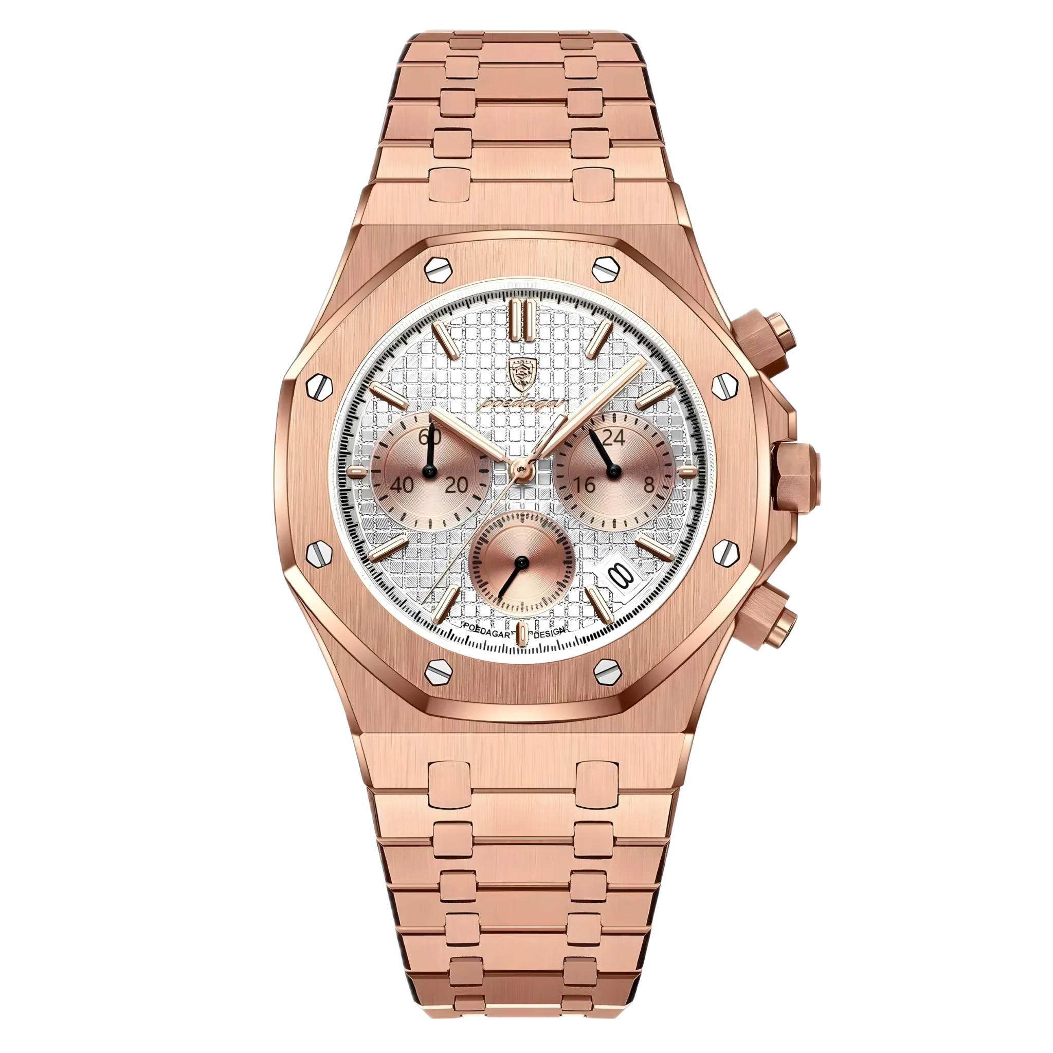 Rose gold watch with detailed face on a white background