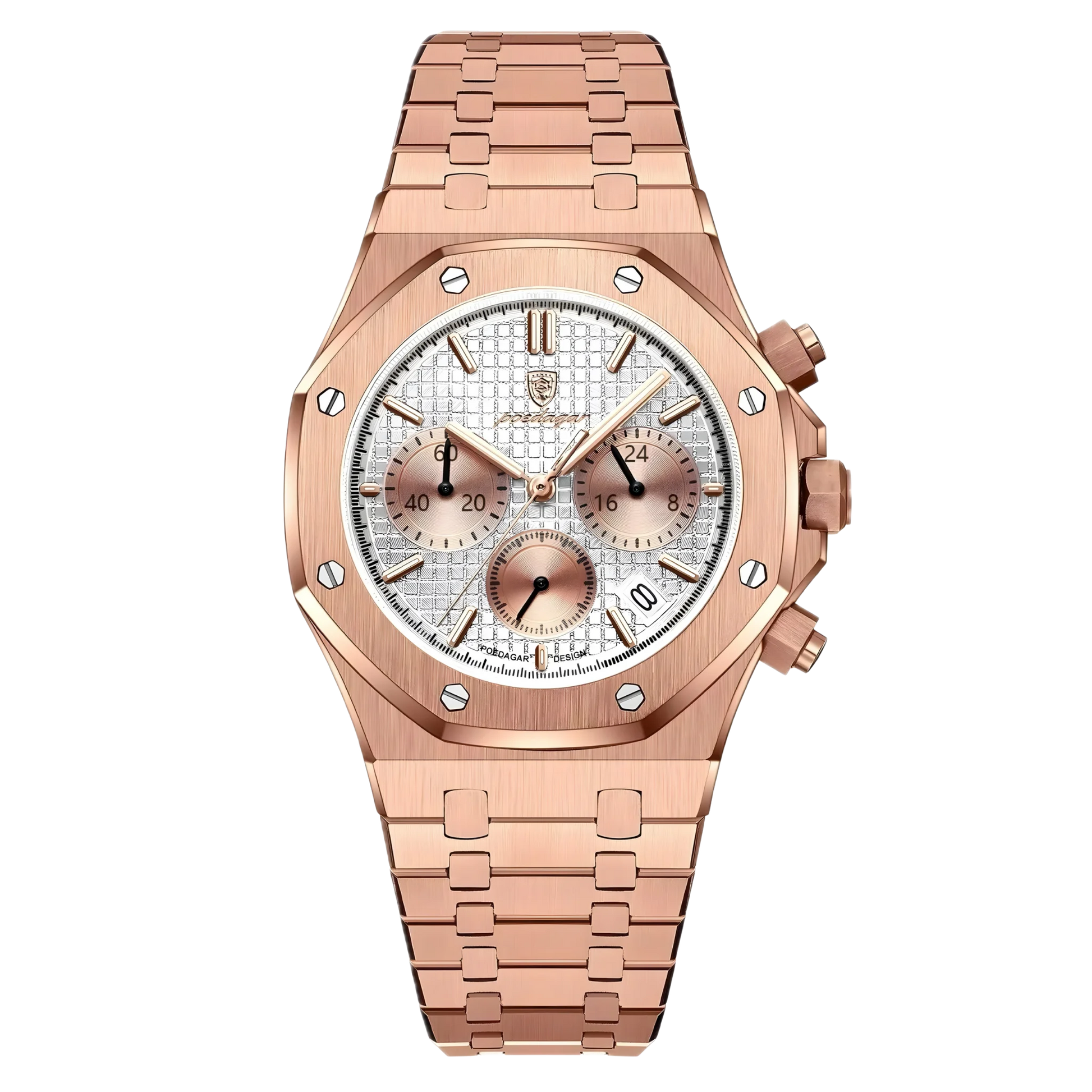 Rose gold watch with detailed face on a white background
