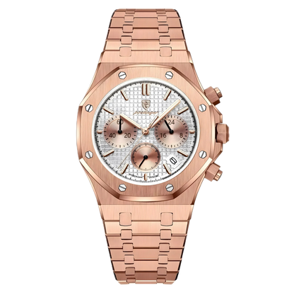 Rose gold watch with detailed face on a white background