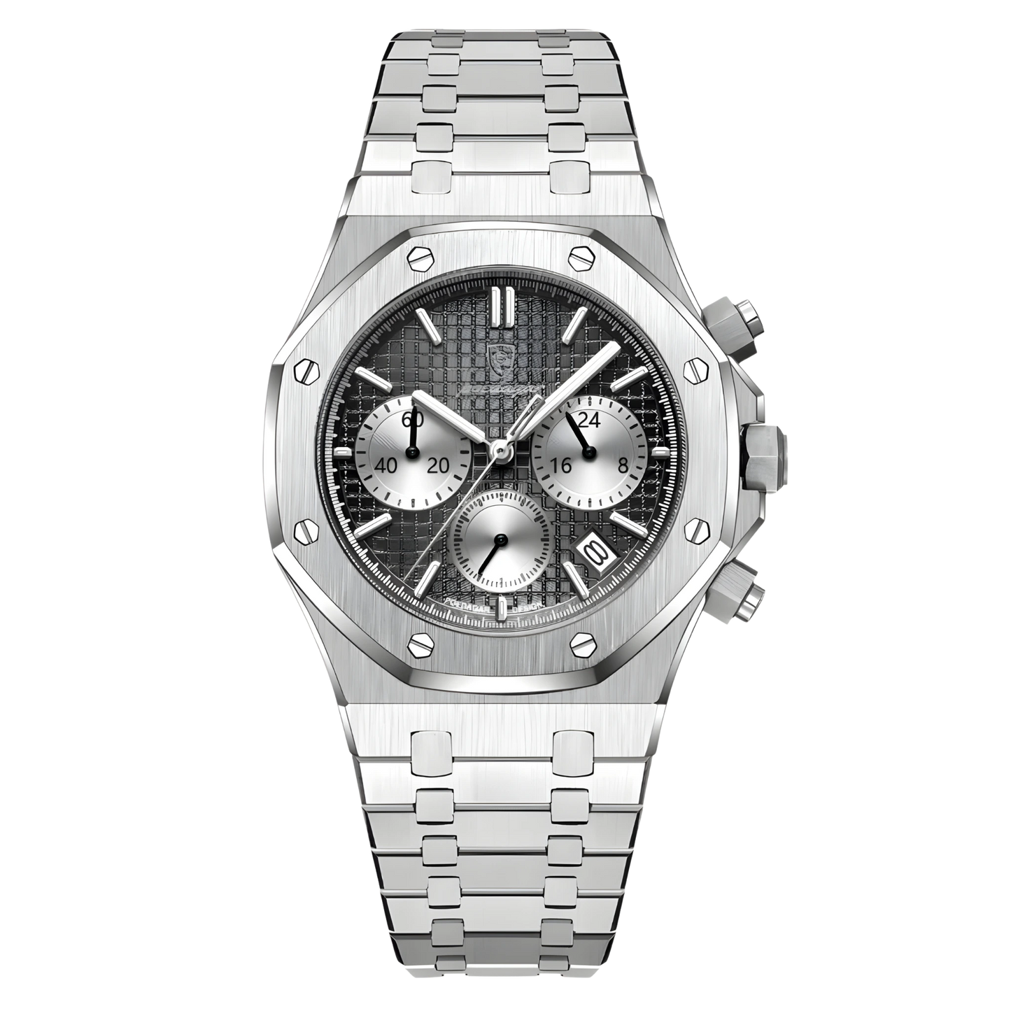Silver watch with a detailed face on a white background