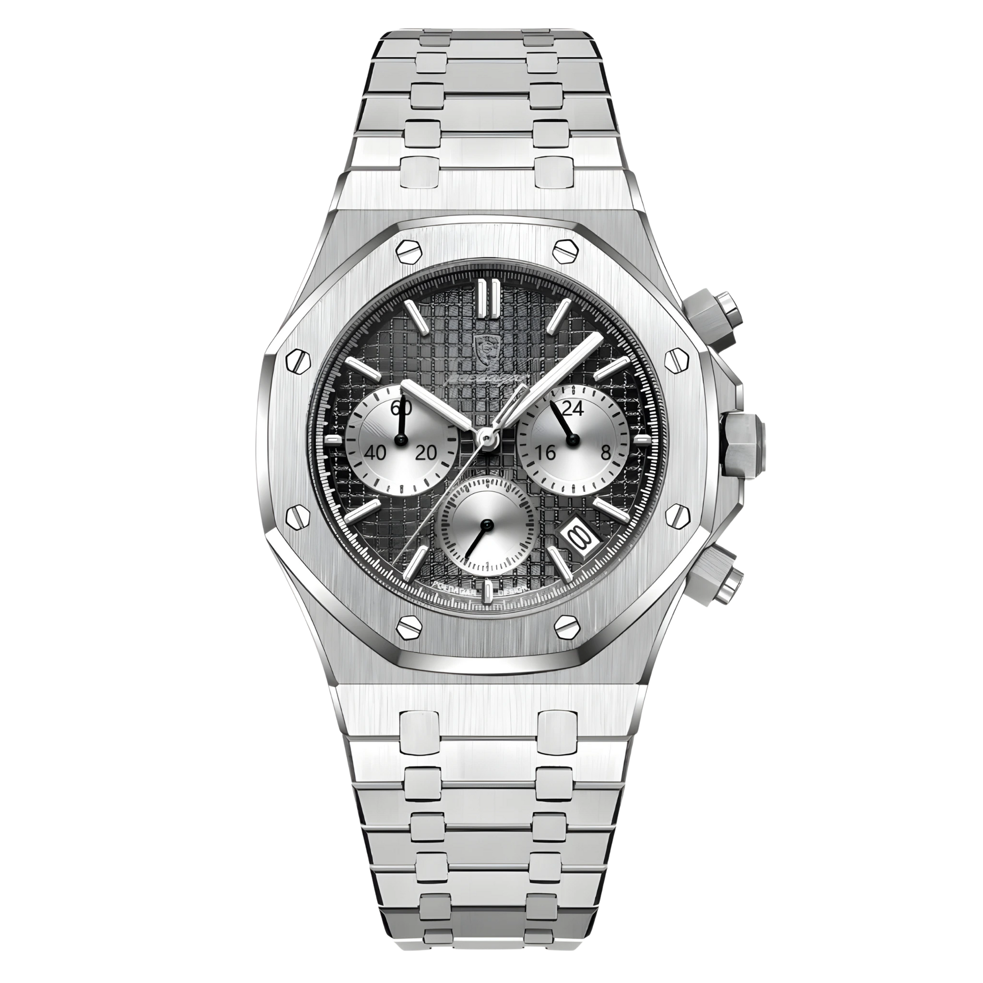 Silver watch with a detailed face on a white background