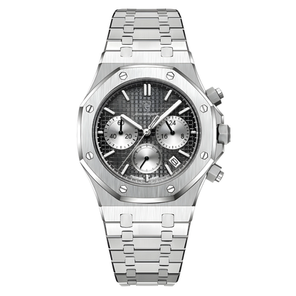 Silver watch with a detailed face on a white background