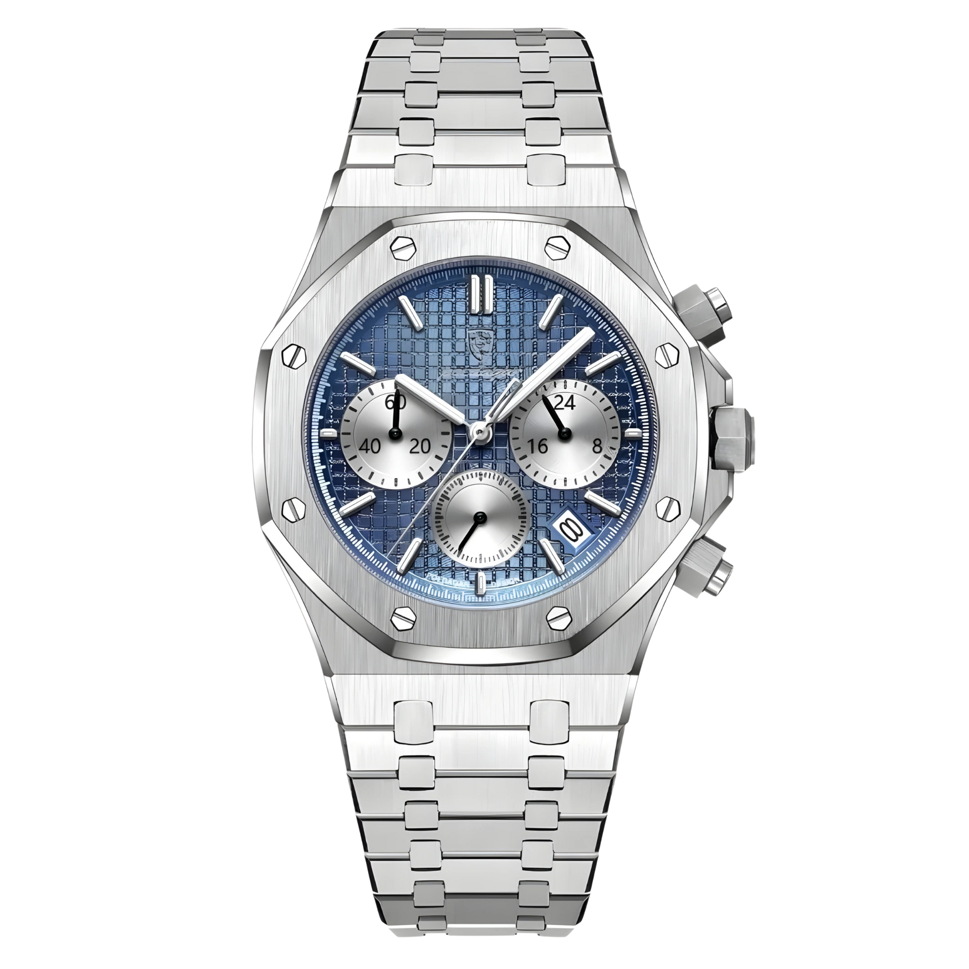 Silver watch with a blue face on a white background
