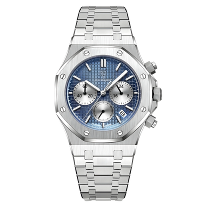 Silver watch with a blue face on a white background