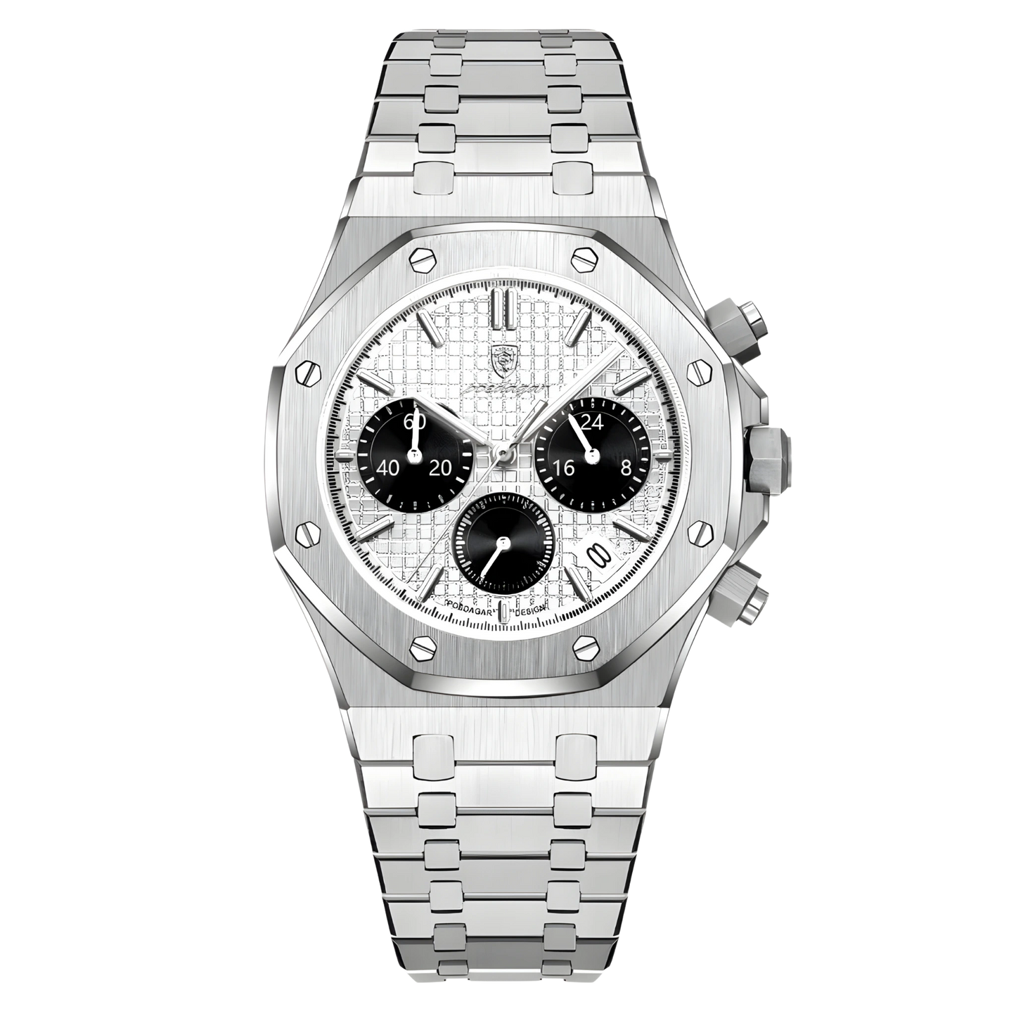 Silver watch with a detailed face on a white background