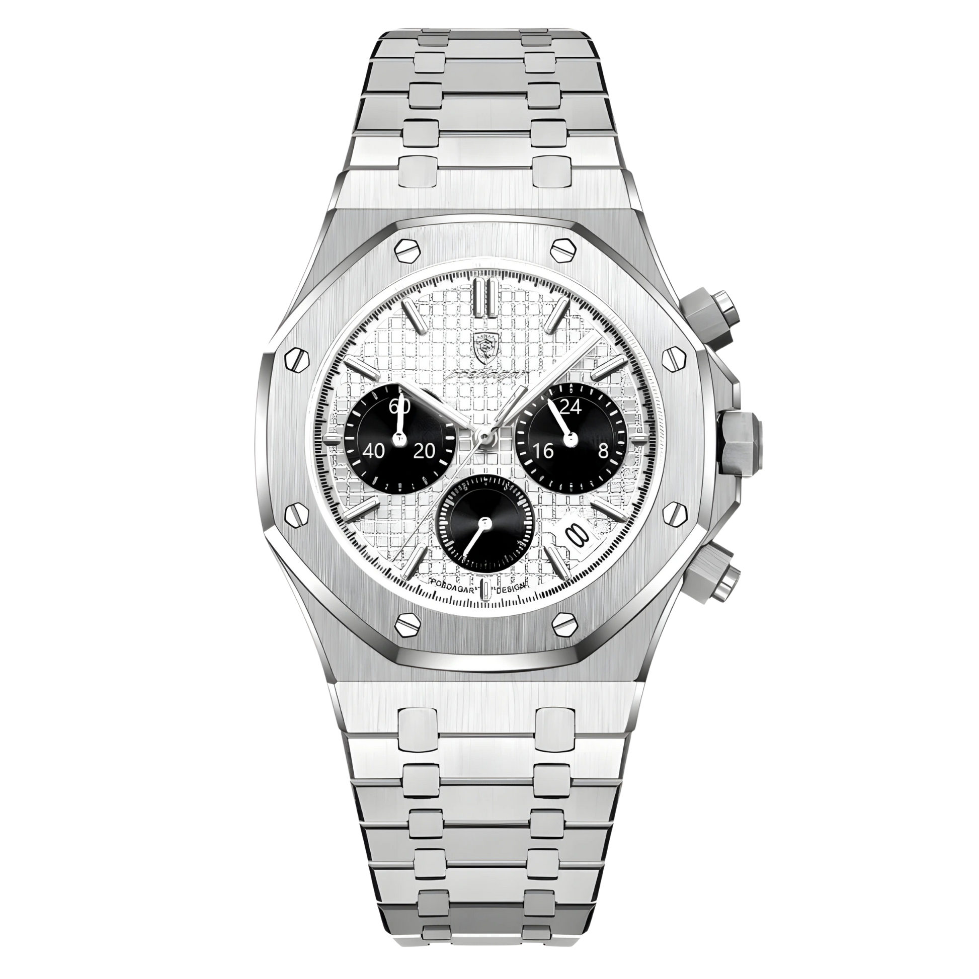Silver watch with a detailed face on a white background