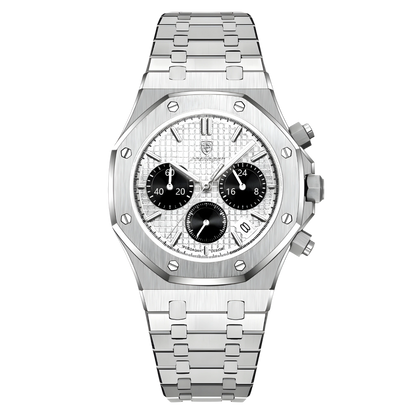 Silver watch with a detailed face on a white background