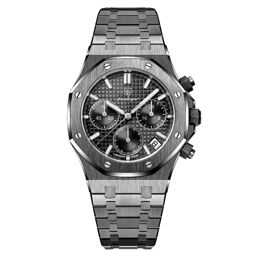 Poedagar Regent Chrono men’s watch Black Edition, full black stainless steel design with luminous subdials and stopwatch function