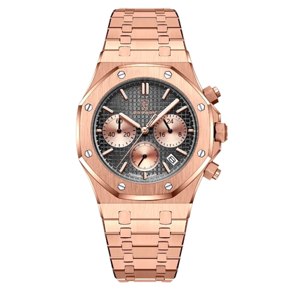 Poedagar Regent Chrono men’s watch in Rose Gold and Black, brushed gold-tone stainless steel case with chronograph dial and luminous markers