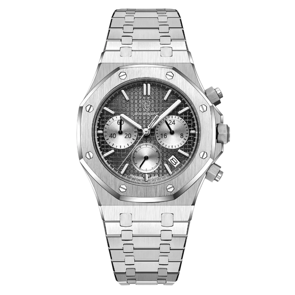 Poedagar Regent Chrono men’s watch in Silver and Black, brushed stainless steel bracelet with chronograph display and screw-down crown